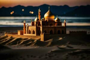 ein Sand Schloss ist gezeigt im das Wüste. KI-generiert foto