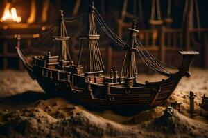 ein Modell- von ein Pirat Schiff im ein dunkel Zimmer. KI-generiert foto