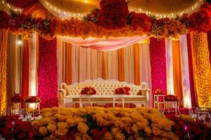 ein Hochzeit Bühne dekoriert mit Orange und Gelb Blumen. KI-generiert foto