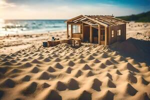 ein Miniatur hölzern Haus sitzt auf das Sand. KI-generiert foto