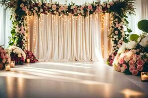 ein Hochzeit Zeremonie mit Blumen und Kerzen. KI-generiert foto