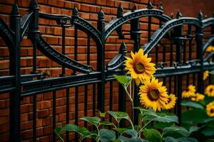 Sonnenblumen im Vorderseite von ein schwarz Eisen Zaun. KI-generiert foto