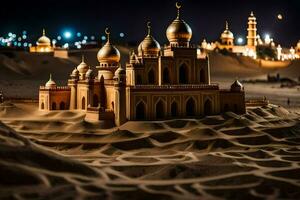 ein Modell- von ein Moschee im das Wüste beim Nacht. KI-generiert foto