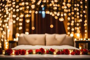 ein Bett mit Kerzen und Rosen im Vorderseite von ein Hintergrund von Beleuchtung. KI-generiert foto