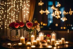 Kerzen und Blumen sind vereinbart worden auf ein Tabelle mit Beleuchtung. KI-generiert foto