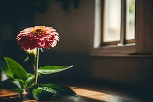 ein Single Rosa Blume sitzt auf ein Tabelle im Vorderseite von ein Fenster. KI-generiert foto