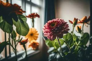 Blumen im Vorderseite von ein Fenster. KI-generiert foto