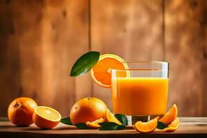 Orange Saft im ein Glas auf ein hölzern Tisch. KI-generiert foto