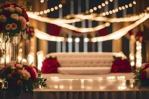 ein Hochzeit Zeremonie mit rot und Weiß Blumen. KI-generiert foto