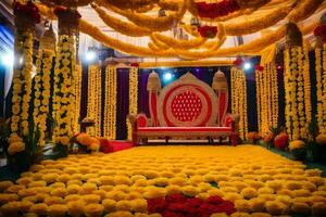 ein Hochzeit Bühne dekoriert mit Gelb Blumen und rot Girlanden. KI-generiert foto