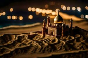 ein Miniatur Moschee im das Wüste mit Beleuchtung. KI-generiert foto