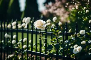 Weiß Rose auf schwarz Zaun. KI-generiert foto
