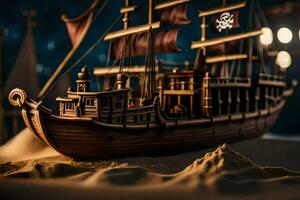 ein Modell- von ein Pirat Schiff im das Sand. KI-generiert foto