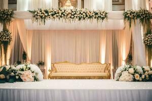 ein Hochzeit Bühne mit ein Gold Couch und Blumen- Dekorationen. KI-generiert foto