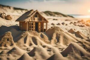 ein klein hölzern Haus sitzt im das Sand auf das Strand. KI-generiert foto