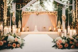 ein Hochzeit Zeremonie mit Kerzen und Blumen. KI-generiert foto