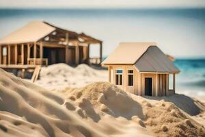 ein hölzern Haus auf das Strand mit Sand. KI-generiert foto