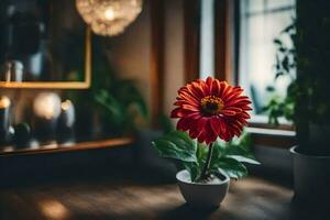 ein rot Blume sitzt im ein Vase auf ein Tisch. KI-generiert foto