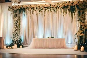 ein Hochzeit Zeremonie mit Weiß Blumen und Kerzen. KI-generiert foto