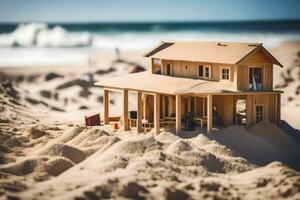 ein Miniatur Haus auf das Strand mit Sand. KI-generiert foto