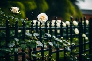 Weiß Rosen sind wachsend auf ein schwarz Zaun. KI-generiert foto