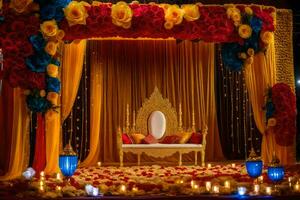 ein indisch Hochzeit Bühne dekoriert mit rot und Gelb Blumen. KI-generiert foto