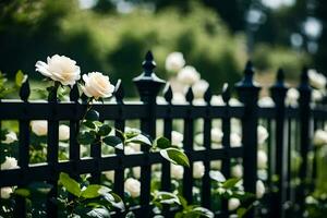 ein schwarz Zaun mit Weiß Rosen im das Hintergrund. KI-generiert foto
