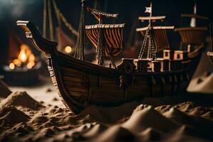 ein Modell- von ein Schiff im das Sand. KI-generiert foto