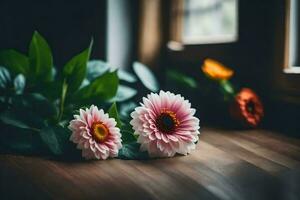 zwei Blumen Sitzung auf ein Tabelle im Vorderseite von ein Fenster. KI-generiert foto