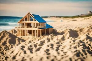 ein Modell- Haus sitzt auf das Sand im Vorderseite von das Ozean. KI-generiert foto