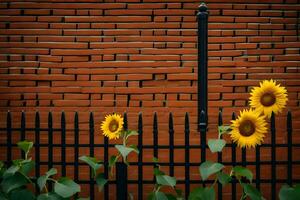 Sonnenblumen im Vorderseite von ein Backstein Mauer. KI-generiert foto