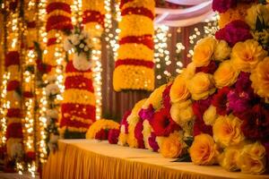 ein Hochzeit Bühne dekoriert mit Blumen und Beleuchtung. KI-generiert foto