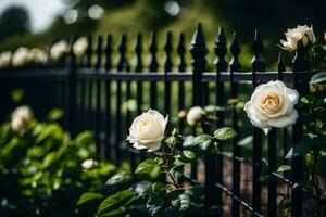 Weiß Rosen sind wachsend auf ein schwarz Zaun. KI-generiert foto