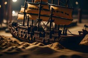 ein Modell- von ein Pirat Schiff im das Sand. KI-generiert foto