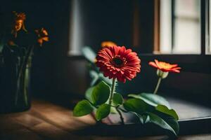 rot Gerbera Blume im ein Vase auf ein hölzern Tisch. KI-generiert foto