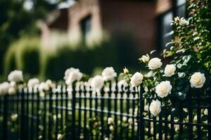 Weiß Rosen sind wachsend auf ein Zaun im Vorderseite von ein Haus. KI-generiert foto