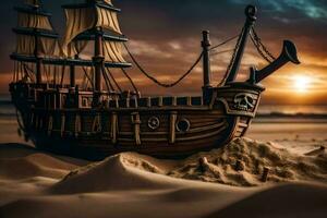 ein Modell- Pirat Schiff sitzt auf das Sand beim Sonnenuntergang. KI-generiert foto