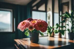 ein Vase von Blumen auf ein Tabelle im Vorderseite von ein Fenster. KI-generiert foto