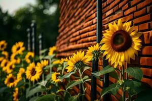 Sonnenblumen sind wachsend im Vorderseite von ein Backstein Mauer. KI-generiert foto