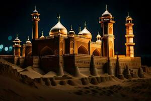 ein Modell- von ein Moschee im das Wüste beim Nacht. KI-generiert foto
