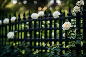 Weiß Rosen sind wachsend auf ein schwarz Zaun. KI-generiert foto