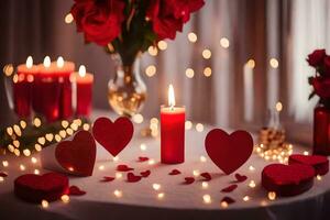 ein Tabelle mit Kerzen und Herzen auf Es. KI-generiert foto