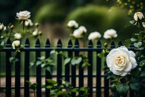 Weiß Rosen sind wachsend im Vorderseite von ein schwarz Zaun. KI-generiert foto