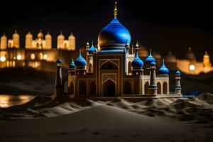 ein Modell- von ein Moschee im das Wüste beim Nacht. KI-generiert foto