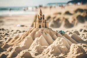 ein Sand Schloss auf das Strand. KI-generiert foto