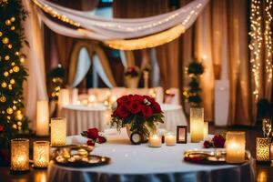 ein Hochzeit Rezeption Tabelle mit Kerzen und rot Rosen. KI-generiert foto