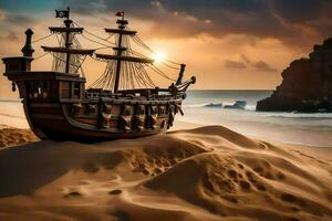 Pirat Schiff auf das Strand beim Sonnenuntergang. KI-generiert foto
