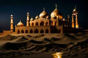 Foto Hintergrund Sand, das Wüste, das Nacht, das Moschee, das Nacht Himmel, das Nacht. KI-generiert