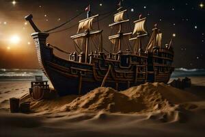 ein Pirat Schiff ist auf das Sand beim Nacht. KI-generiert foto