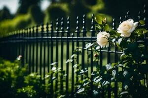 Weiß Rosen auf ein schwarz Zaun. KI-generiert foto